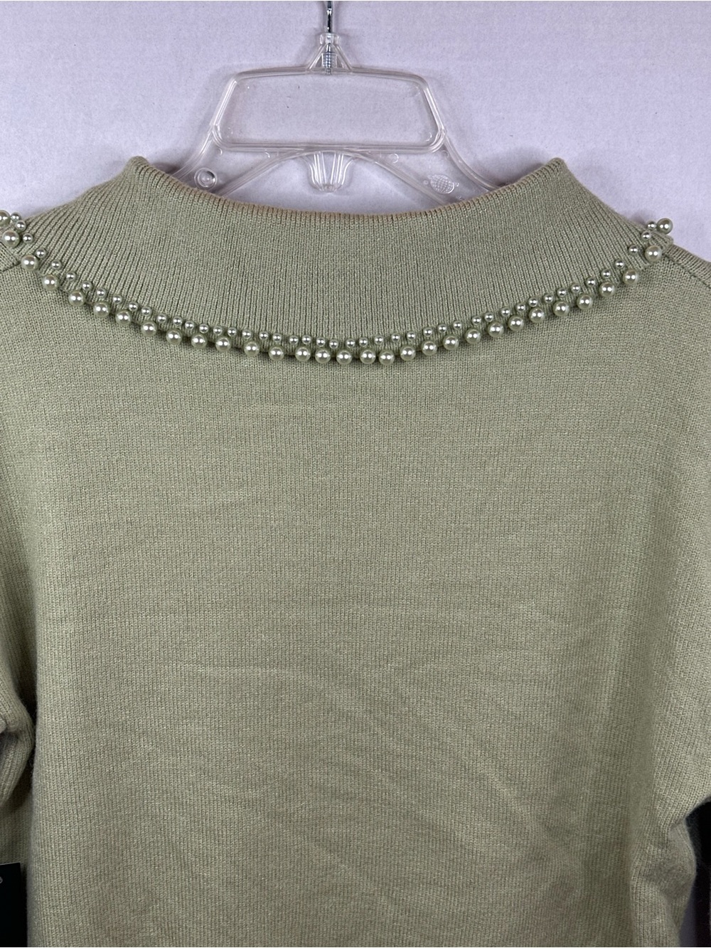 Pearl-Trim Collared Crewneck Sweater — Sage Green, size Large, NWT - Picture 6 of 7